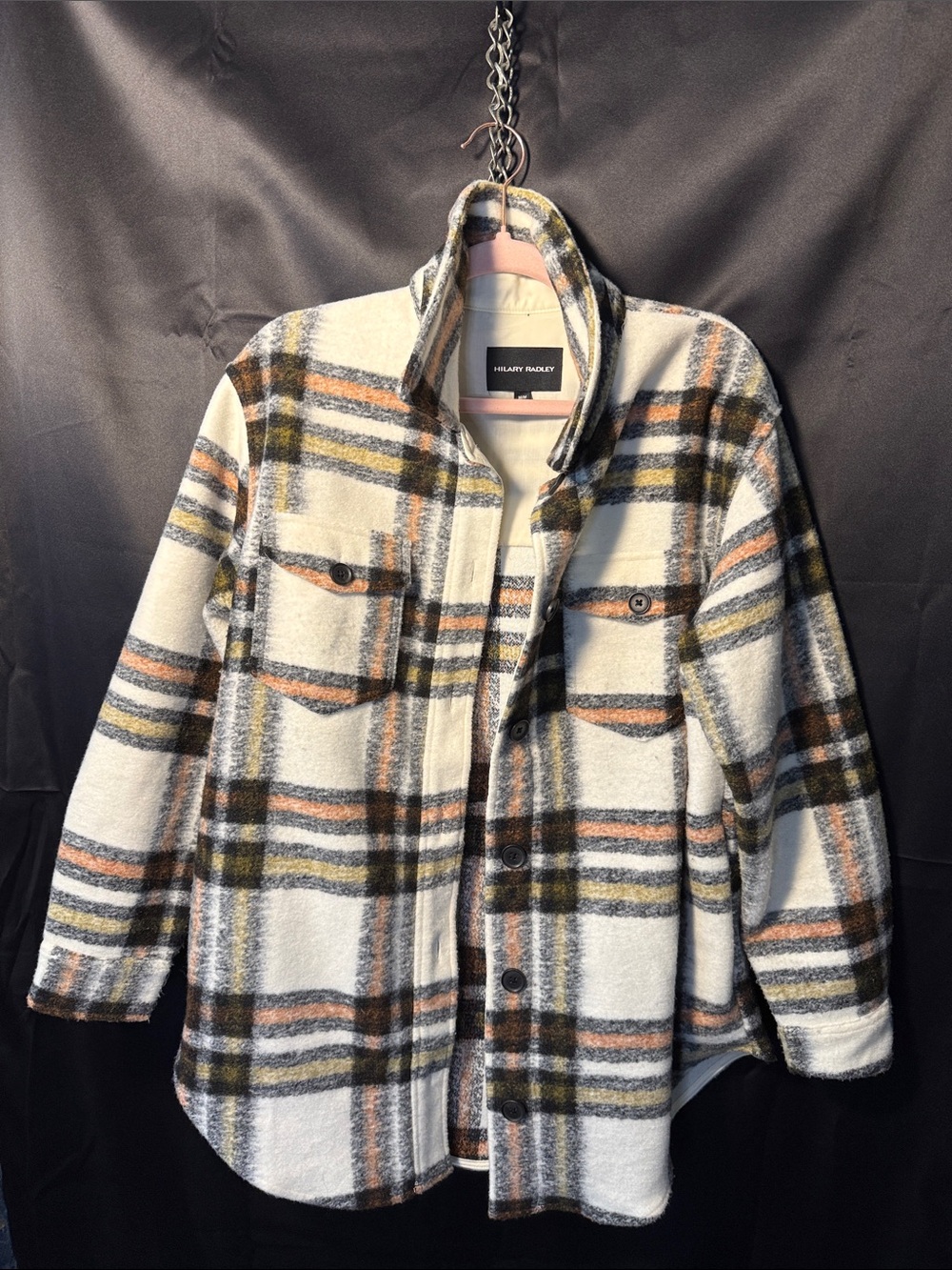 Hilary Radley Cream Plaid Button-Up Jacket with Olive & Rust Stripes